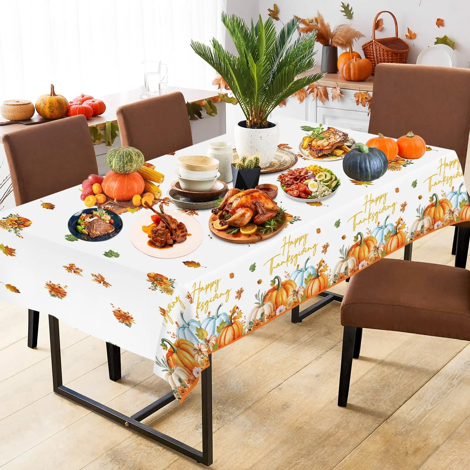 2D Flat Party Tablecloth with Watercolor Autumn Design and Pumpkin Leaf Patterns, Thanksgiving Celebration Rectangular Polyester Table Cover for Festive Decor