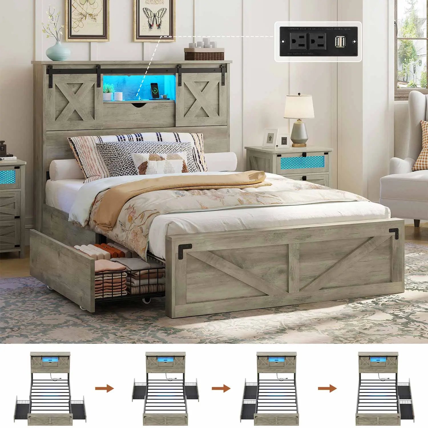 SIKAIC Twin Rustic Oak Farmhouse Bed Frame with Headboard, 2 Storage Drawers, LED Lights & 900lbs Load Capacity, Indoor Bedroom Platform Bed Frame, Bed Frames