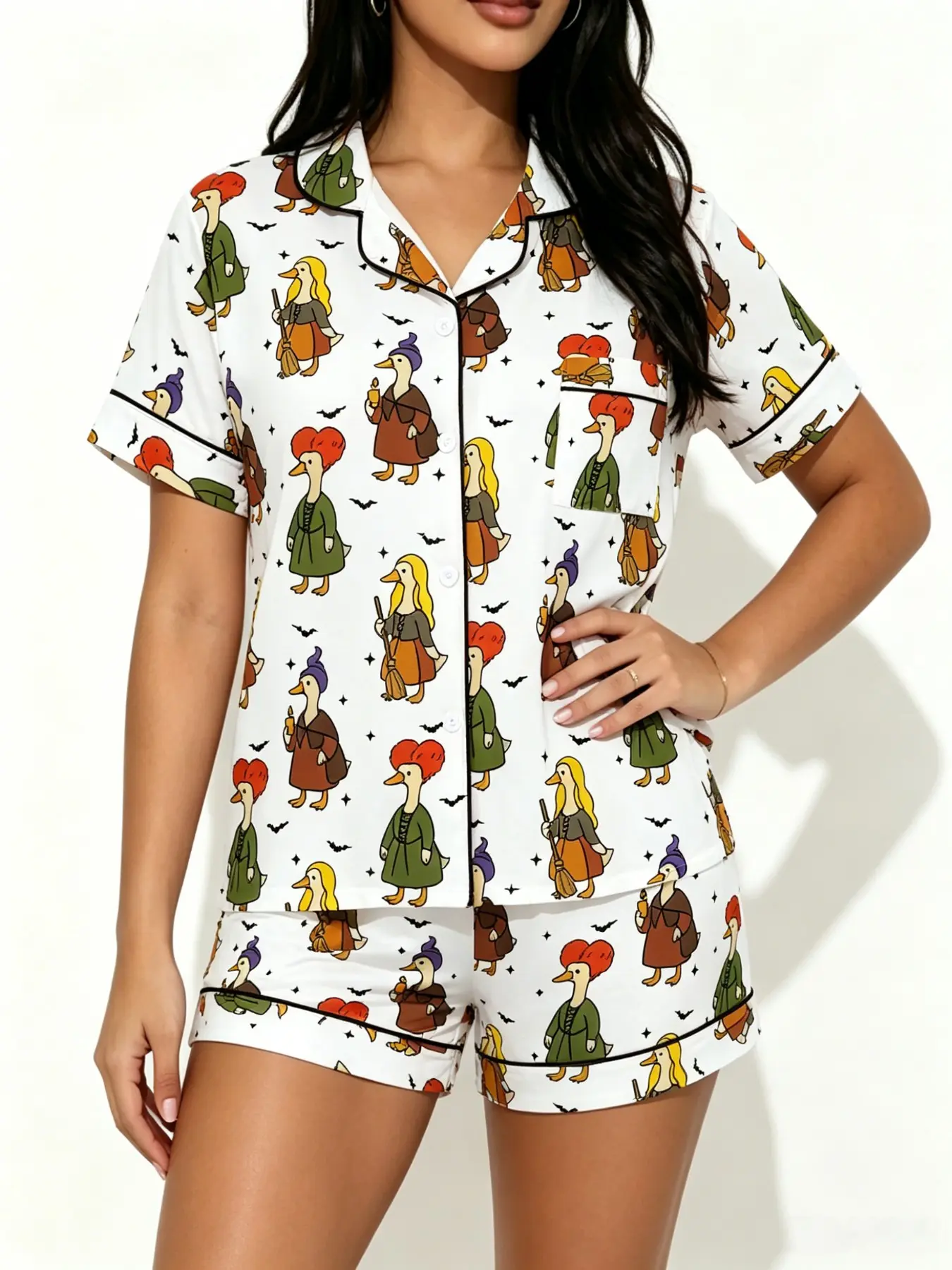 Teen Halloween Witch Duck Full Print Pajama Set, Soft Breathable Collar Four Button Short Sleeve Top + Shorts, Cute Retro Style, Perfect Gift