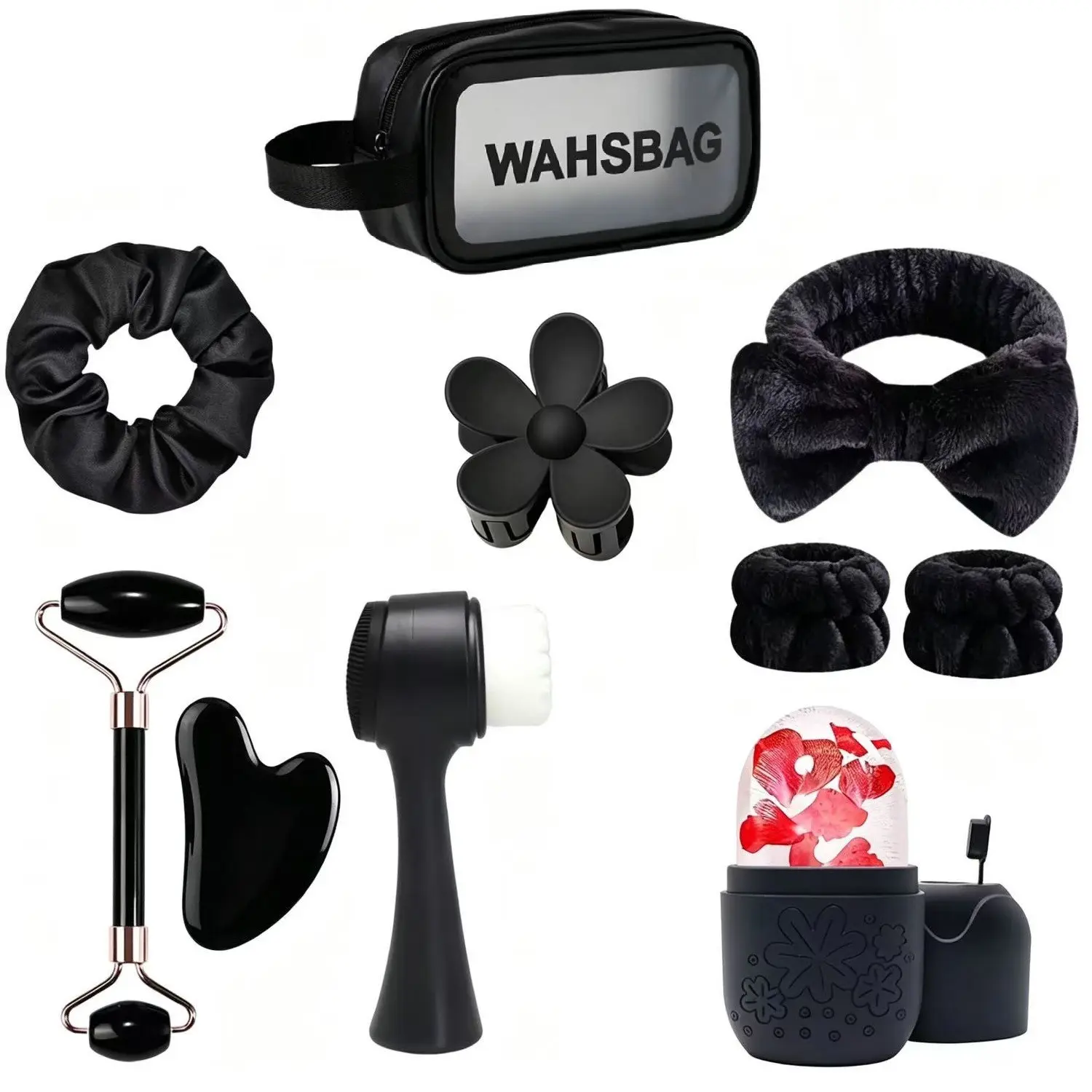 Face Care Spa Beauty Set, Jade Roller, Gua Sha Board, Ice Roller, Cleansing Brush, Gel Eye Mask, Hairband, Wrist Strap, Portable Skincare Kit, Facial Tool Set