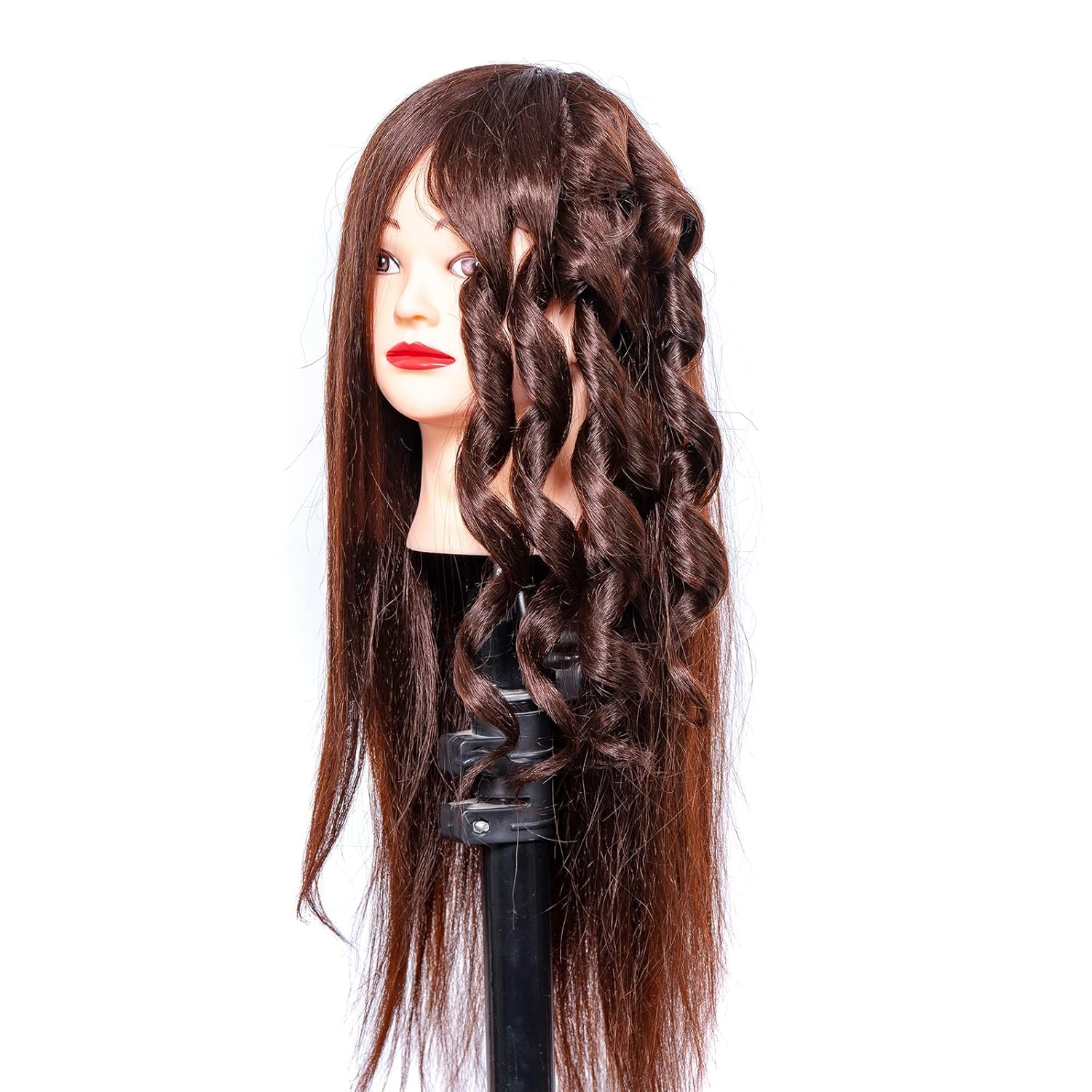Mannequin Head with 60% Real Hair, Hairdresser Practice Training Head Cosmetology Manikin Doll Head with 9 Tools and Desktop Stand, Air Cushion Comb,Makeup On (Brown)