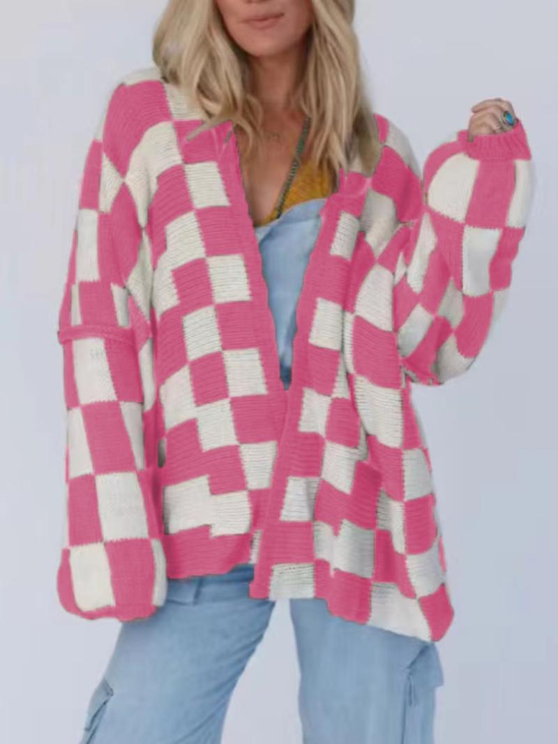 Christmas Deals Women's Checkerboard Pattern Drop Shoulder Cardigan, Casual Long Sleeve Open Front Knitwear for Summer, Fashion Ladies' Knit Clothing for Daily Wear, Christmas 2024 Trend, Fall&winter Clothing
