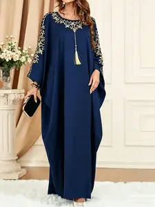 Women's Gold Long Robe, Elegant Batwing Sleeves, Fringe Decoration, Flowy Fit, Perfect for Ramadan and Eid, Loose-Fitting