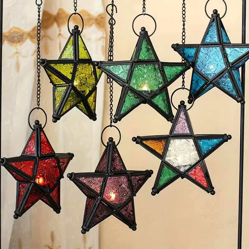 1pc European Vintage Colorful Windproof Glass Candle Holder, Star Iron Hanging Pressed Glass Candle Holder, Holiday Home Decor Ornament