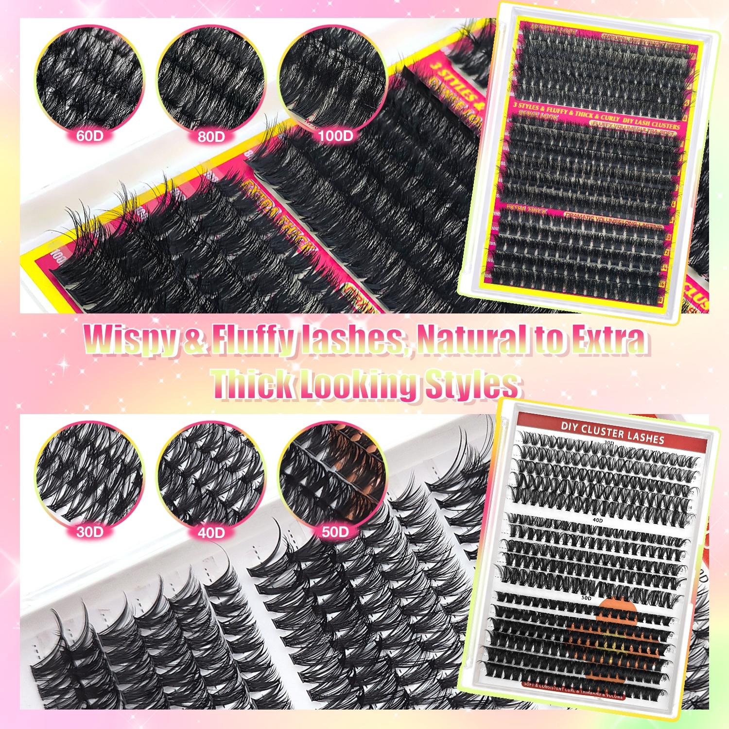 Eyelash Extension Kit (1 Set), DIY Lash Kit Including Individual False Eyelashes, Eyelash Glue, Tweezers, Remover, Professional Eye Makeup Tool for Women, Cosmetic, Eyelash Cluster Kit, Eyelash Fixer