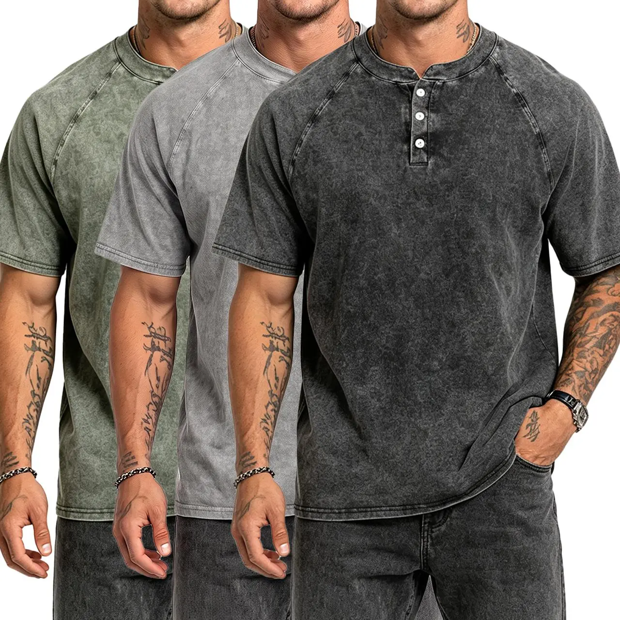 Men's Vintage Washed Short-Sleeve Henley Shirt 2/3 Pack, Button Placket, Relaxed Fit Loose Fit Clothing, Minimalist Look, Casual Wear, Black+Grey