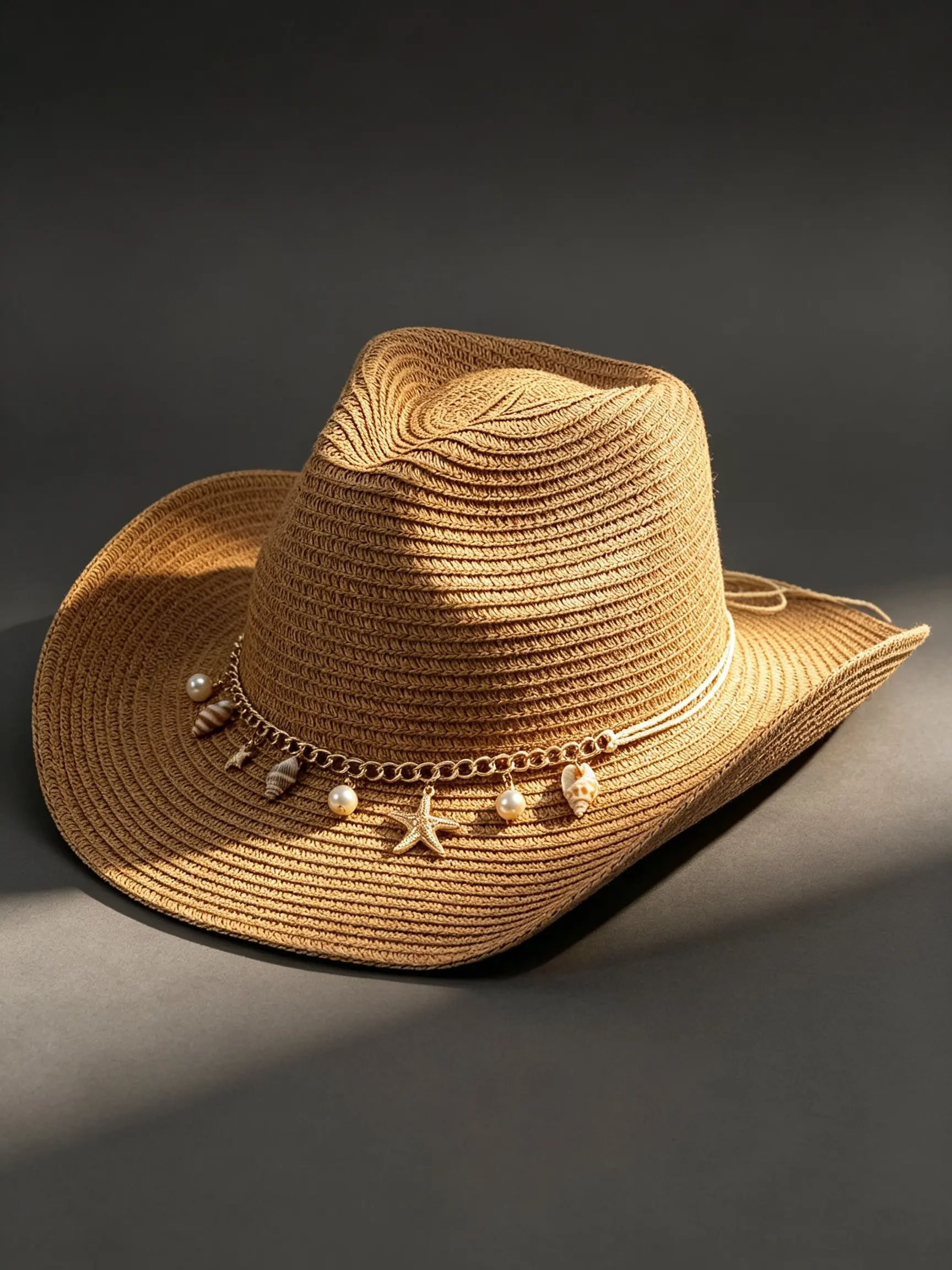 Rattan Western Cowboy Hat, Pearl Star Chain Trim, Windproof Rope, Wide Brim Sun Hat, Beach Vacation Bohemian Outdoor Straw Hat