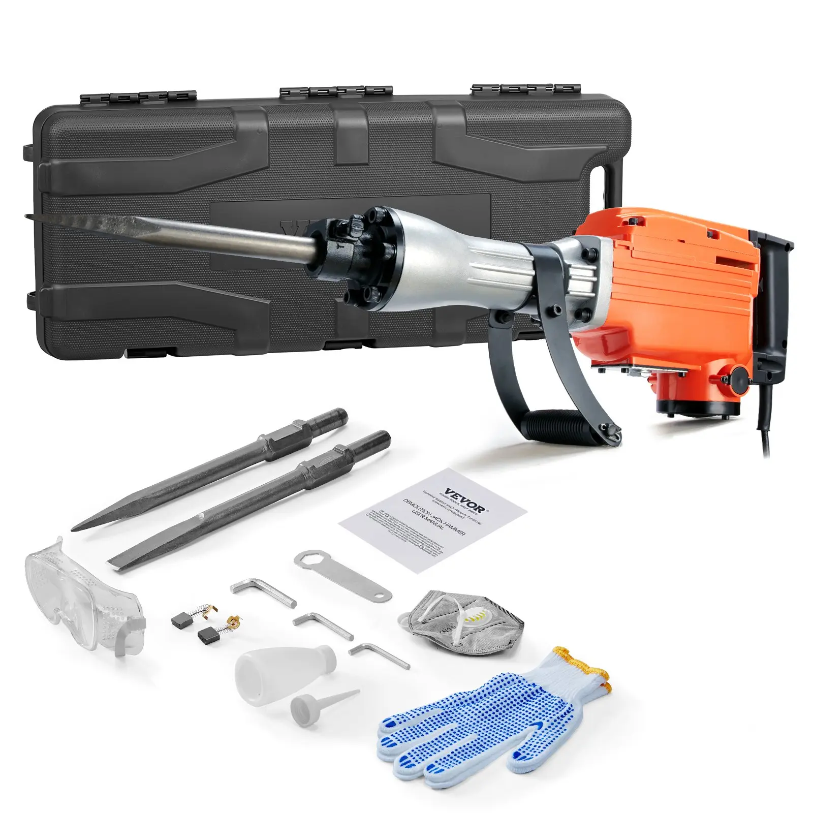 VEVOR Demolition Jack Hammer, 2200W Electric Jackhammer Heavy Duty, 1350 BPM Concrete Breaker, 2pcs Chisels Bit Chipping with Case