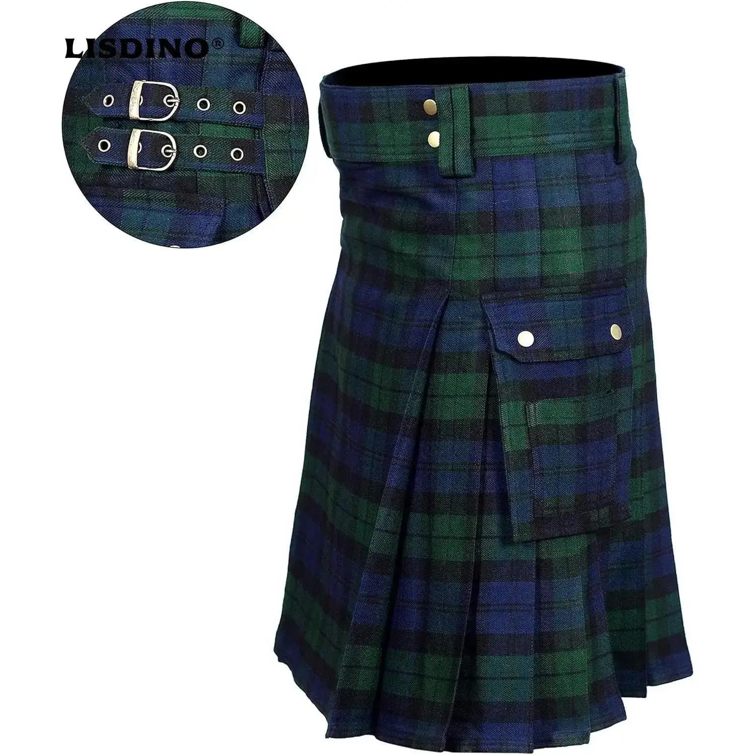 Men's Tartan Utility Kilts - Menswear Clothes with Straps, Large Cargo Pockets, Knitted Fabric, Multi-Size for Costumes & Special Occasions