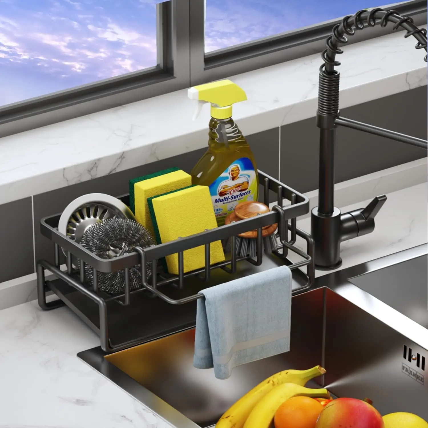 Auto Draining Sink Sponge Holder Caddy - Adjustable Countertop Home Decor Items Organizer with Detachable Dishcloth Bar, Easy-Install Kitchen Storage Rack for Sponge, Soap, Brush, Ideal Housewarming Gift for Kitchen Use