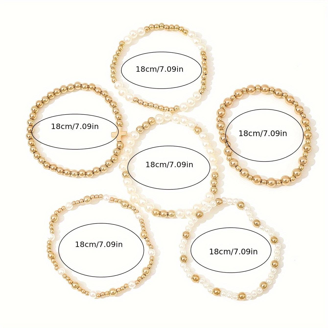 6PCS Elegant Women Imitation Pearl Handmade Bead Bracelet Set Bohemian Elastic CCB Golden Beads Multi-layer Bracelet Vintage Cross Stackable Chain Set