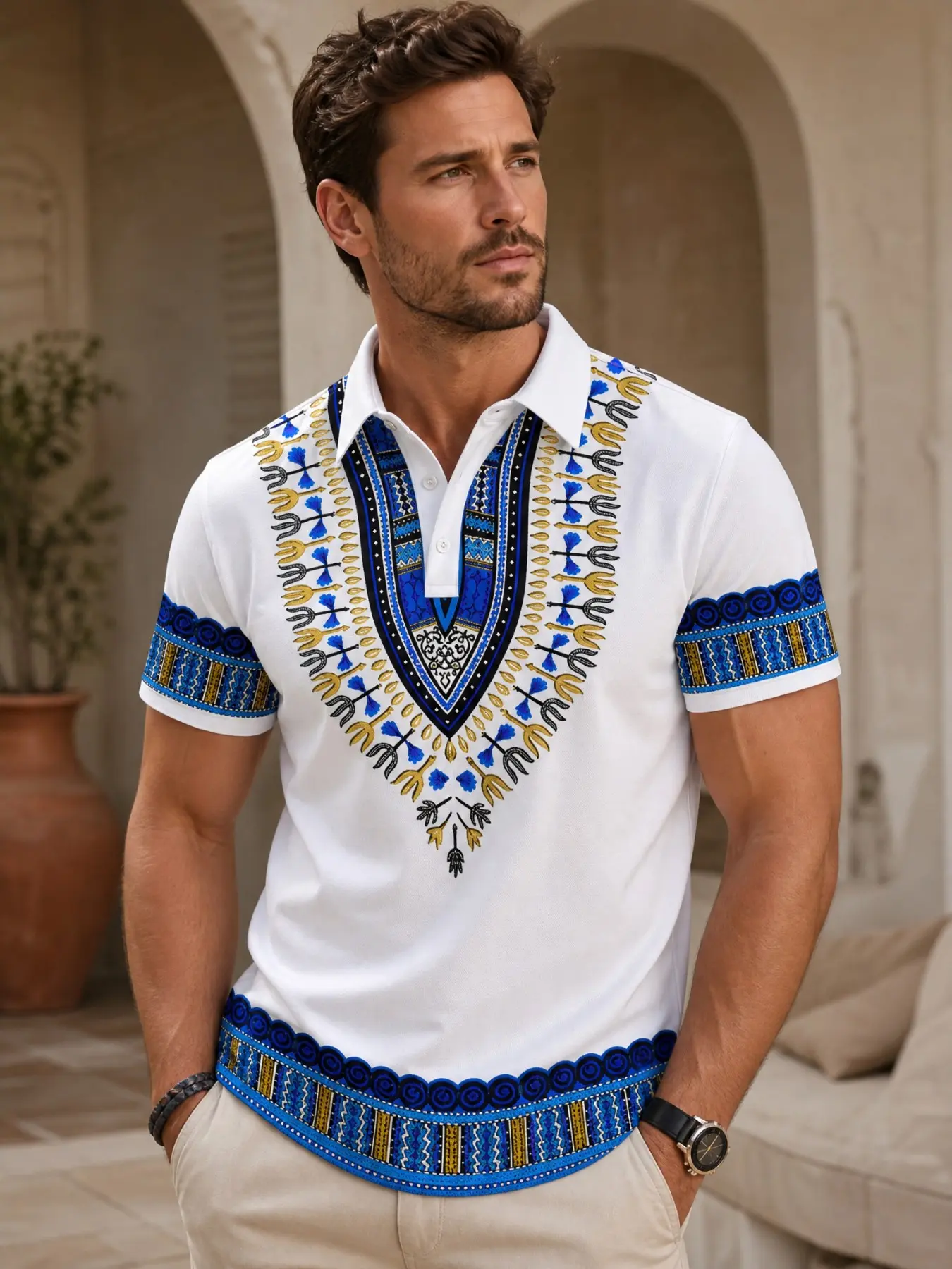 Base African Ethnic Style Dashiki Totem Polo Shirt, Blue Trim Design, Prints, Breathable Men's Casual Short Sleeve Top, Casual Polo Shirts