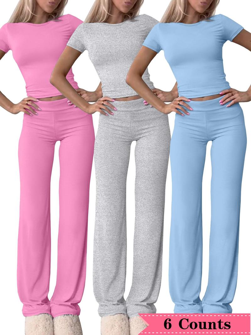 Women's Solid Tee & Flare Leg Pants Set, Casual Comfy Round Neck Short Sleeve Tee & Bell Bottom Trousers for Daily Wear, Ladies Summer Clothes