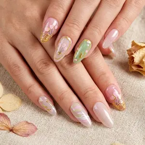 10pcs Almond Press on Nails, Medium Length Glitter Nude, Hand-Painted Tulip & Trim, Pastel Swirl, Reusable Acrylic Nails for Women