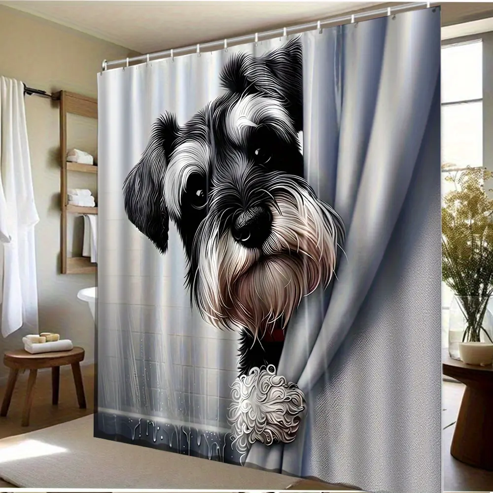 2D flat style, 1-piece cute Schnauzer shower curtain, suitable for animal lovers, dog-themed bathroom decoration, machine washable, probe Schnauzer illustration pattern, suitable for bathtubs (includes 12 hooks, does not include shower curtain rod)