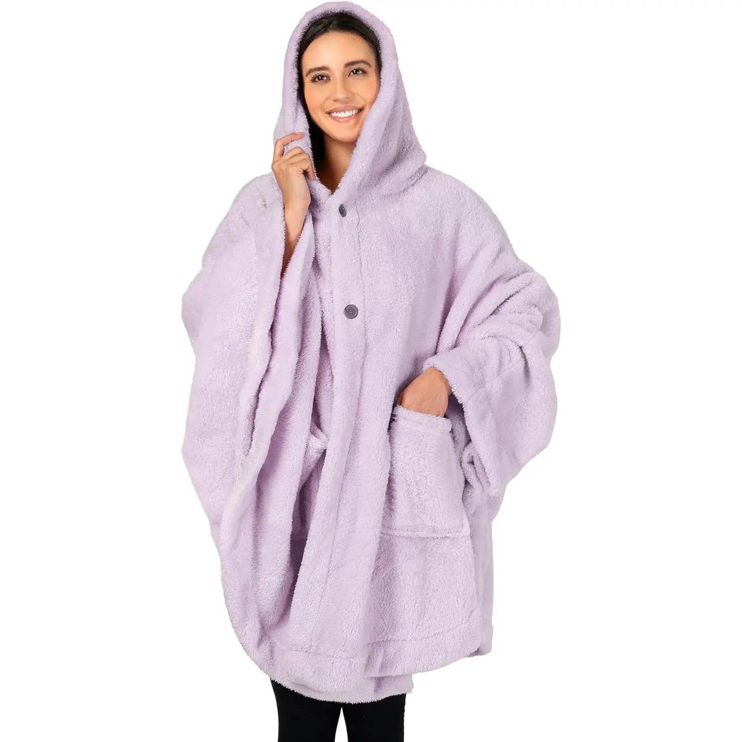 Women's Hooded Sherpa Fleece Blanket Poncho - Angel-Inspired Wearable Jacket Sweater Cape Coat with Pockets, Cozy Wrap for Mom Grandma, Long Sleeve