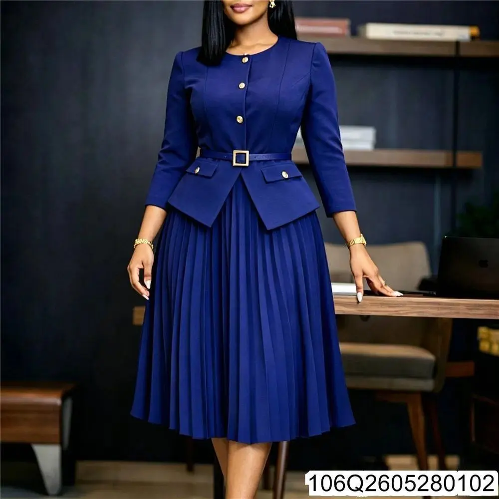 2026 New Women's African Summer New Round Neck Patchwork Pleated Fake Two-piece Solid Color Plus-size Dress 106Q26052801