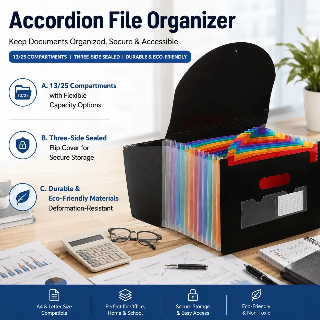13-Pocket Expanding File Organizer with Flap, Durable Document Folder for Student Info Storage, Secure Important Papers, Portable Multi-Layer Filing System for Easy Daily Use and Travel