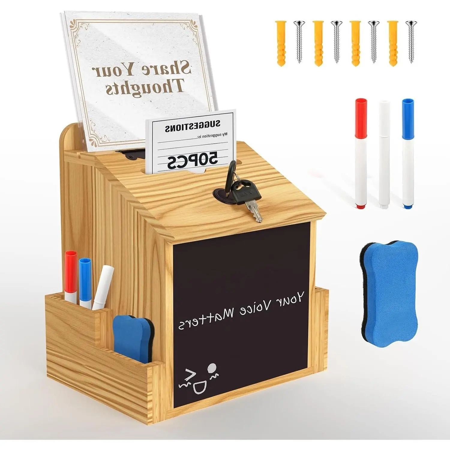 Wooden Suggestion Box with Lock and Slot, Wall Mounted Donation & Feedback Box for Office Church, Includes 50 Suggestion Cards and Sign HolderGift