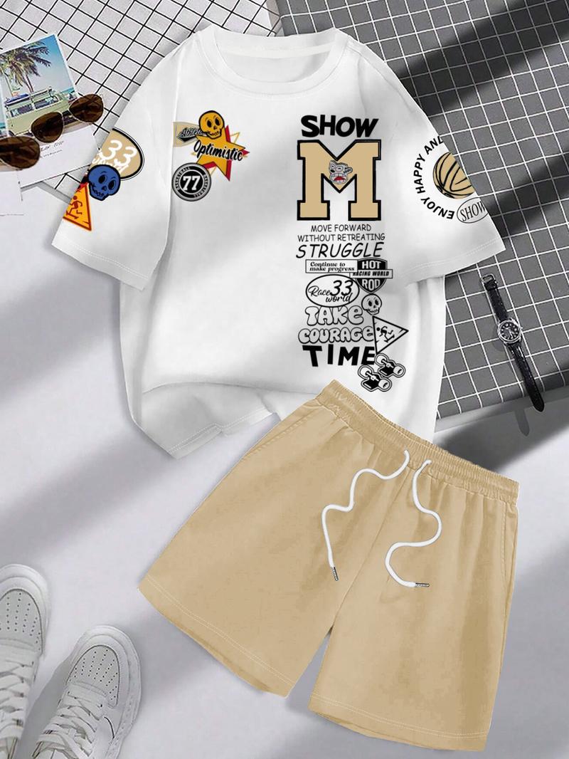 Men's Letter Print Short Sleeve Tee & Shorts Two-piece Set, Regular Fit Round Neck T-shirt & Track Shorts, Casual Fashion Cozy Breathable Men Two-piece Outfits for All Seasons
