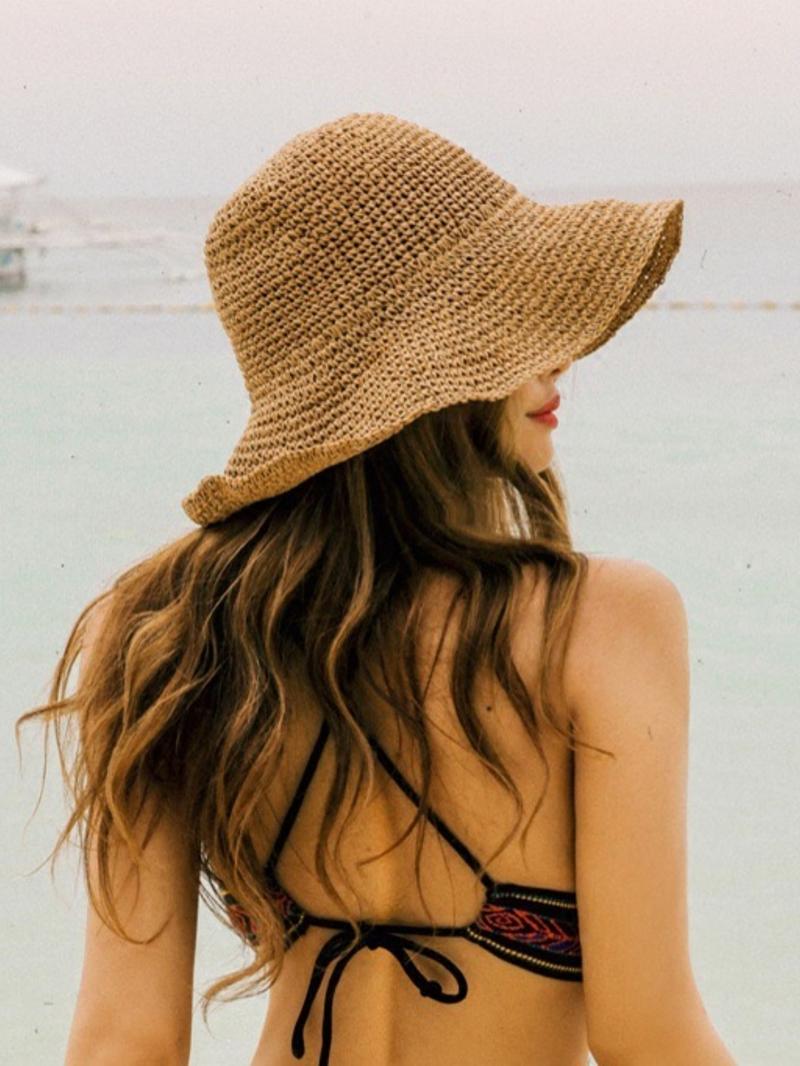 Women's Solid Color Straw Hat, Casual Outdoor Sun Protection Hat for Women & Girls, Fashion Accessories for Traveling & Beach Vacation