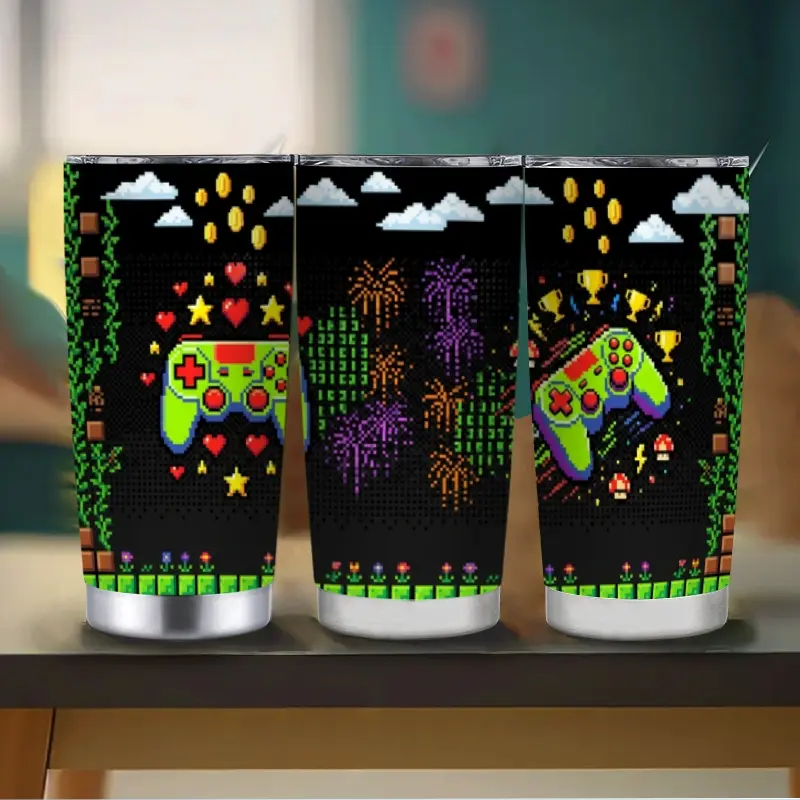 Retro Pixel Gaming Controller Stainless Steel Insulated Cup Flask, 20oz 8-Bit Arcade Style Tumbler with Straw & Lid, 7-12H Hot/Cold Beverage Car Cup, Ideal for Gamers’ Setup & Cool Birthday Gift, Flasks, Gaming Setup
