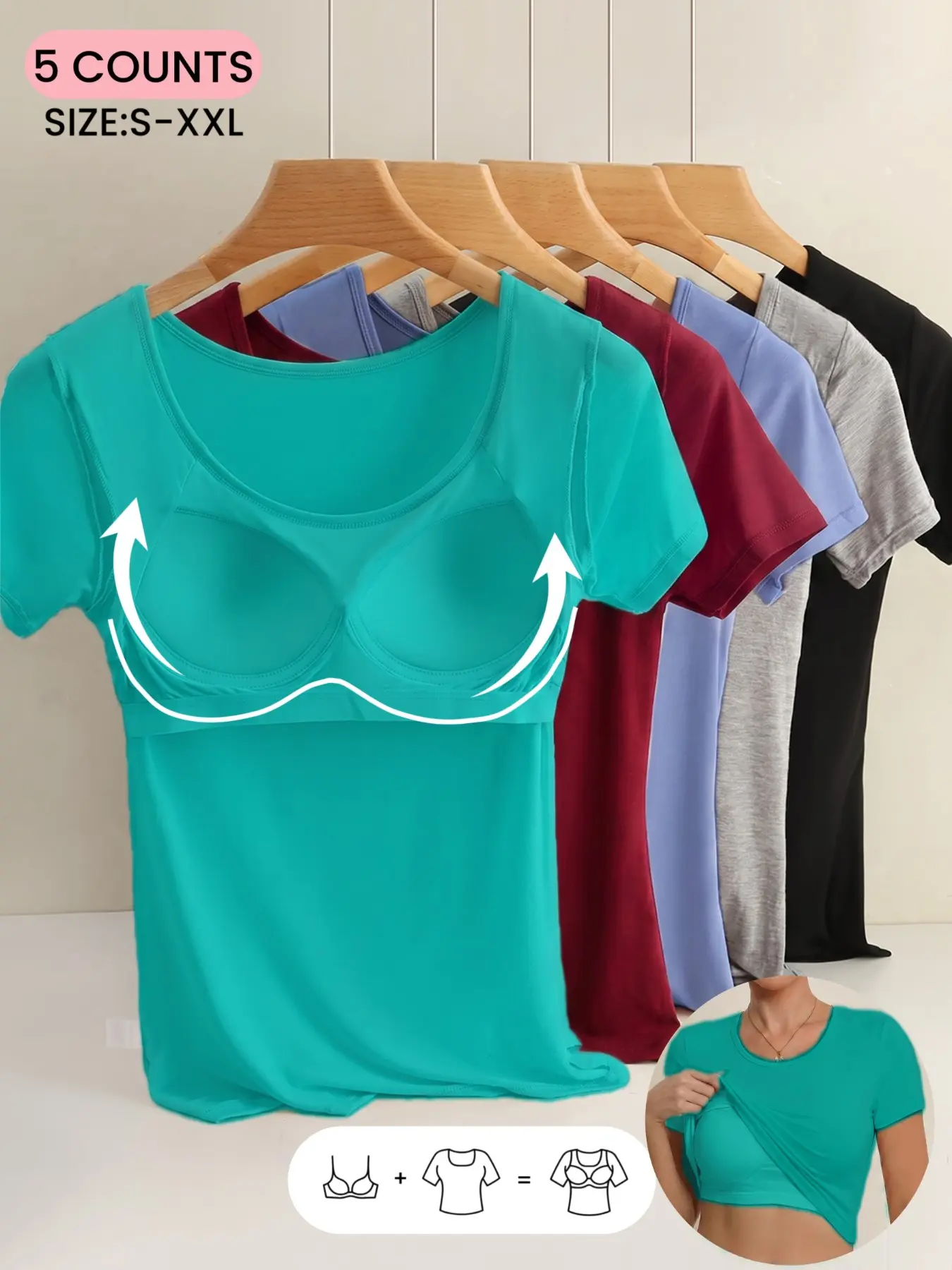 Women's Summer Short Sleeve T-Shirt with Bra Cups, Built in Bra Tank Top,Soft Comfortable Plain Inner Outer Top, Basic Simple Tee for All Seasons