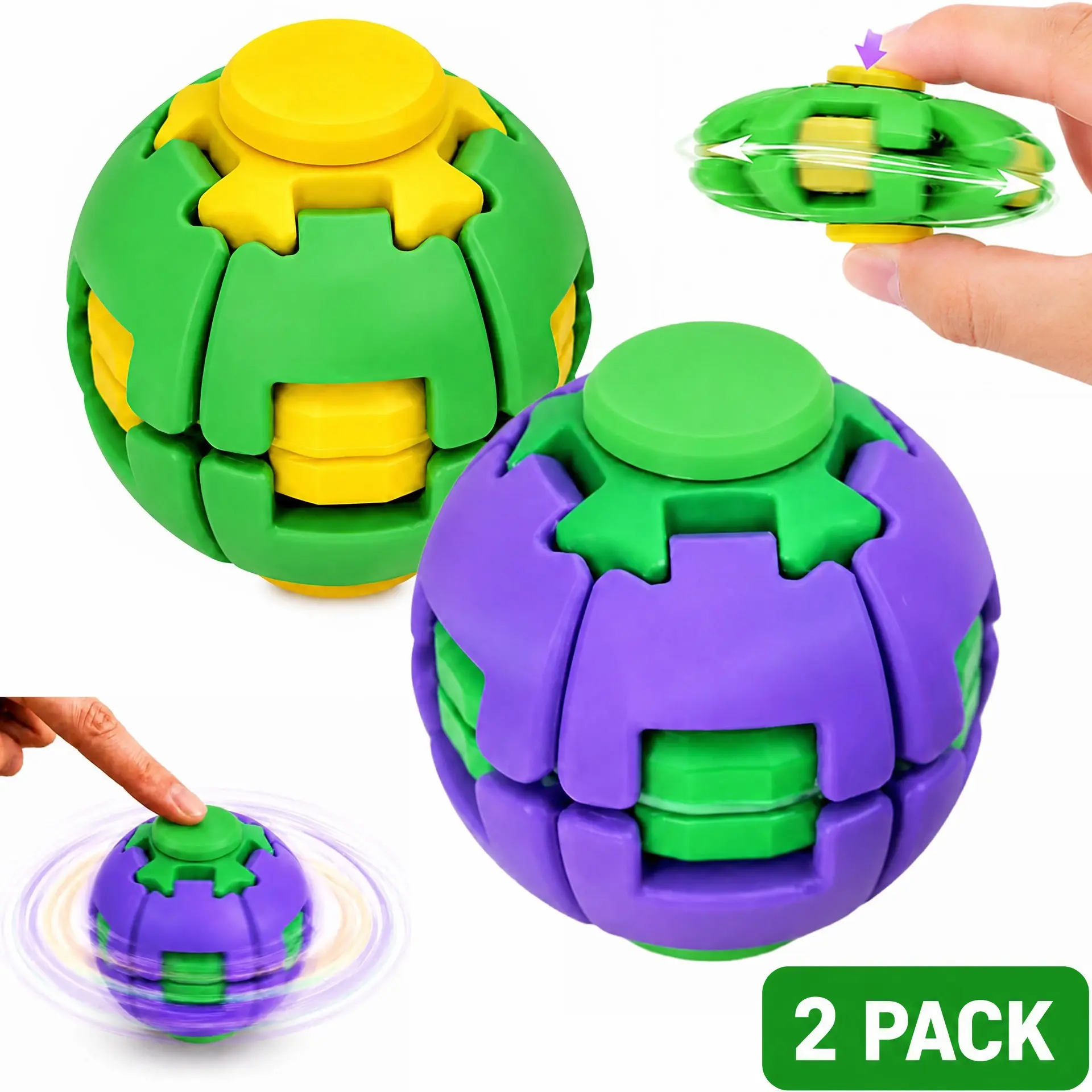 2-Pack Press to Spin Fidget Ball, 3D Printed Fidget Spinner Toy, Stress Relief Sensory Desk Toy, Portable Handheld Fidget Toy for Adults and Kids