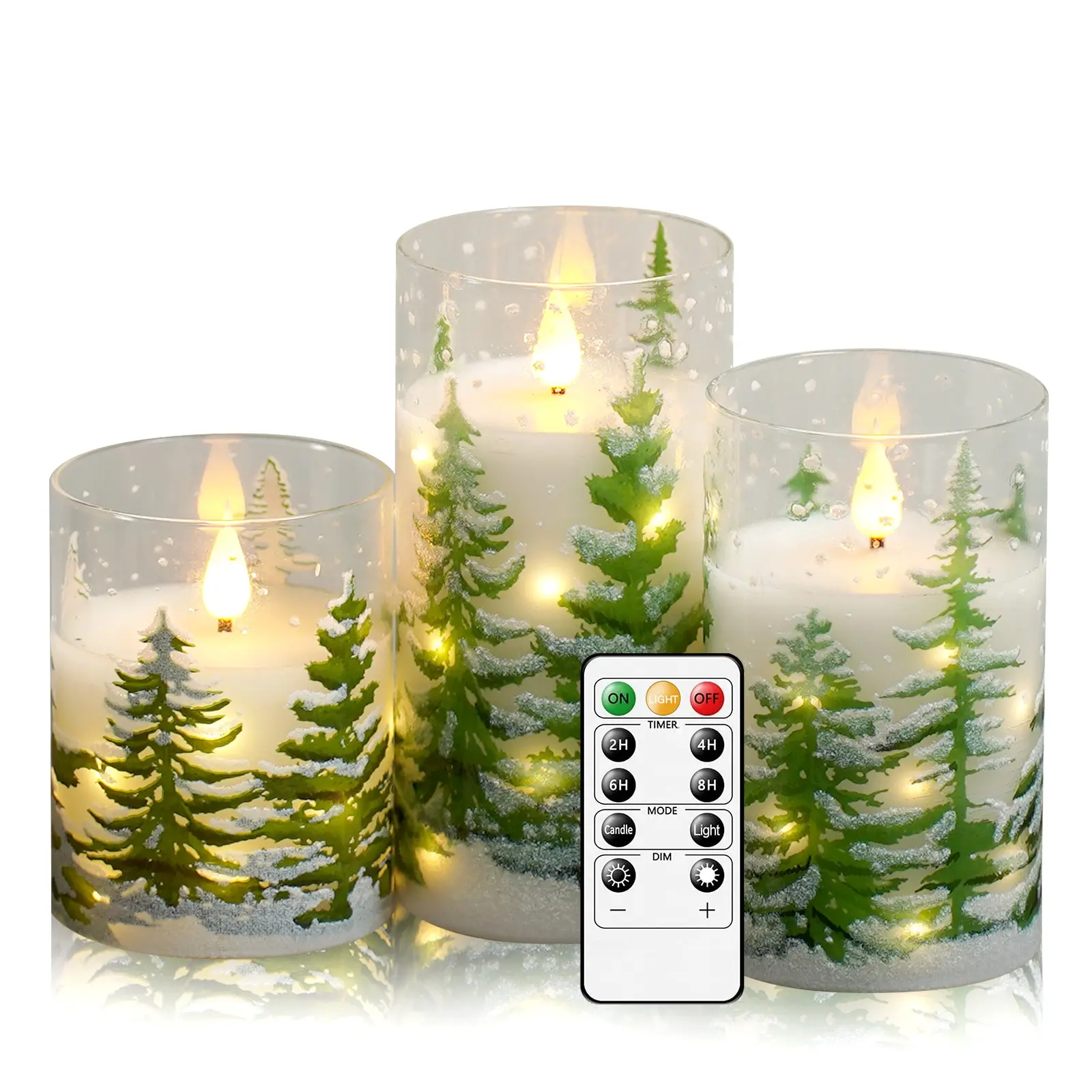 3PCS Glass+Paraffin Wax LED Flameless Candle with Fairy Light String, 2AA Battery Powered, Christmas Tree Print, Warm Flickering Glow — Perfect Christmas Candle Decor Gift for Fireplace Mantel candle, Table Centerpiece, Holiday Party, Safe Odorless.