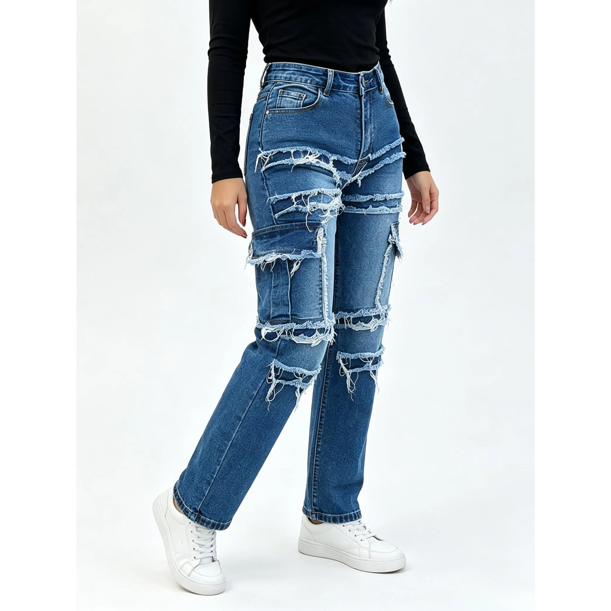 Women's High-Waist Frayed Cargo Straight-Leg Jeans - Fitted Raw Edge Patchwork Distressed Denim Bottoms with Multi Pockets, Stretch Street Wear Pants for Women with Curvy Figure