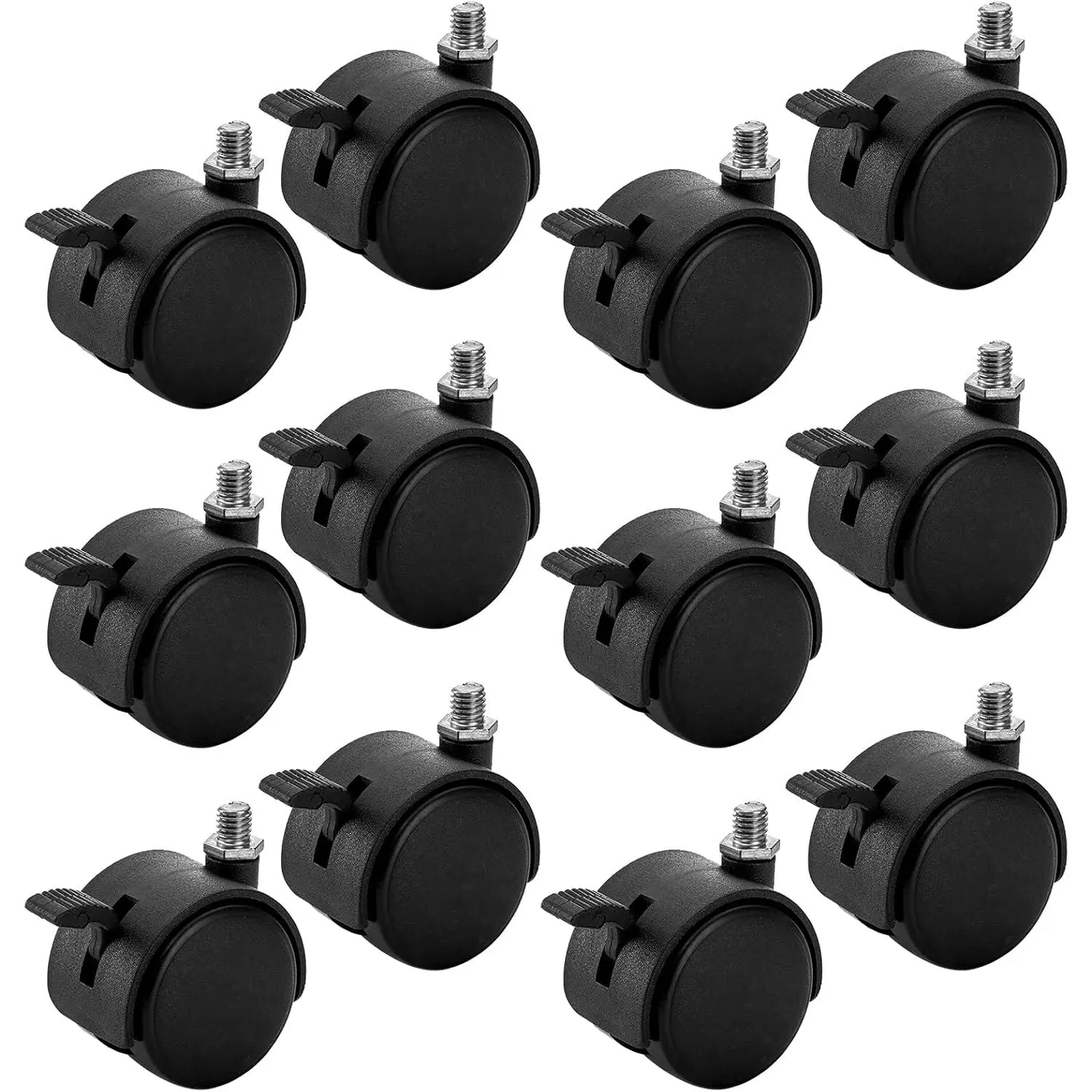 12 Pack Black Plastic Caster Wheels with Threaded Bolt Mounting, 360° Rotation, Brake Lock for Heavy Loads Stand