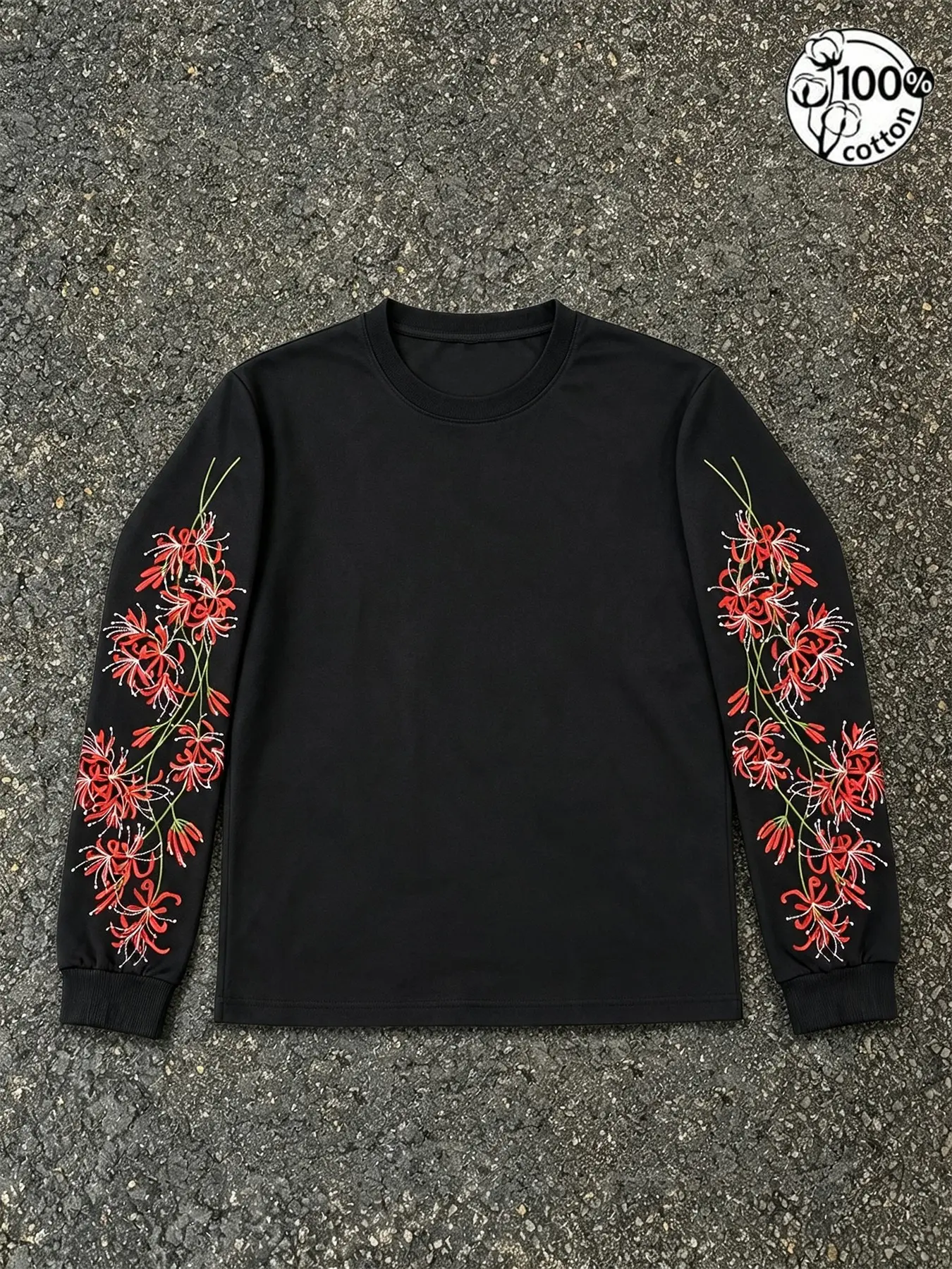 Unisex Black 100% Cotton Dual Sleeve Red Spider Lily Print Long Sleeve Tee Dark Retro Chinese Style Oversized Casual Streetwear Top