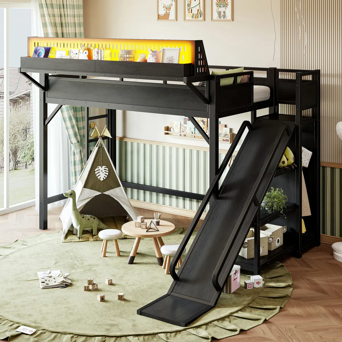 [Bellemave]  Twin XL Size Loft Bed with Slide, Storage Shelves and Built-in Wardrobe, Metal Loft Bed Frame with USB Ports and LED Lights, with Pegboard, Safety and Solid