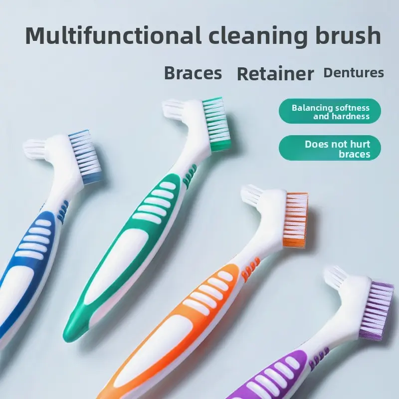 Dual-Head Double-Sided Oral Cleanser Brush - Deep Clean for Dentures, Invisible Aligners, Orthodontic Retainers, Toothbrush, Dentures/Aligners, Dual Heads, Gentle Scrub, Grooved Handle, Honey