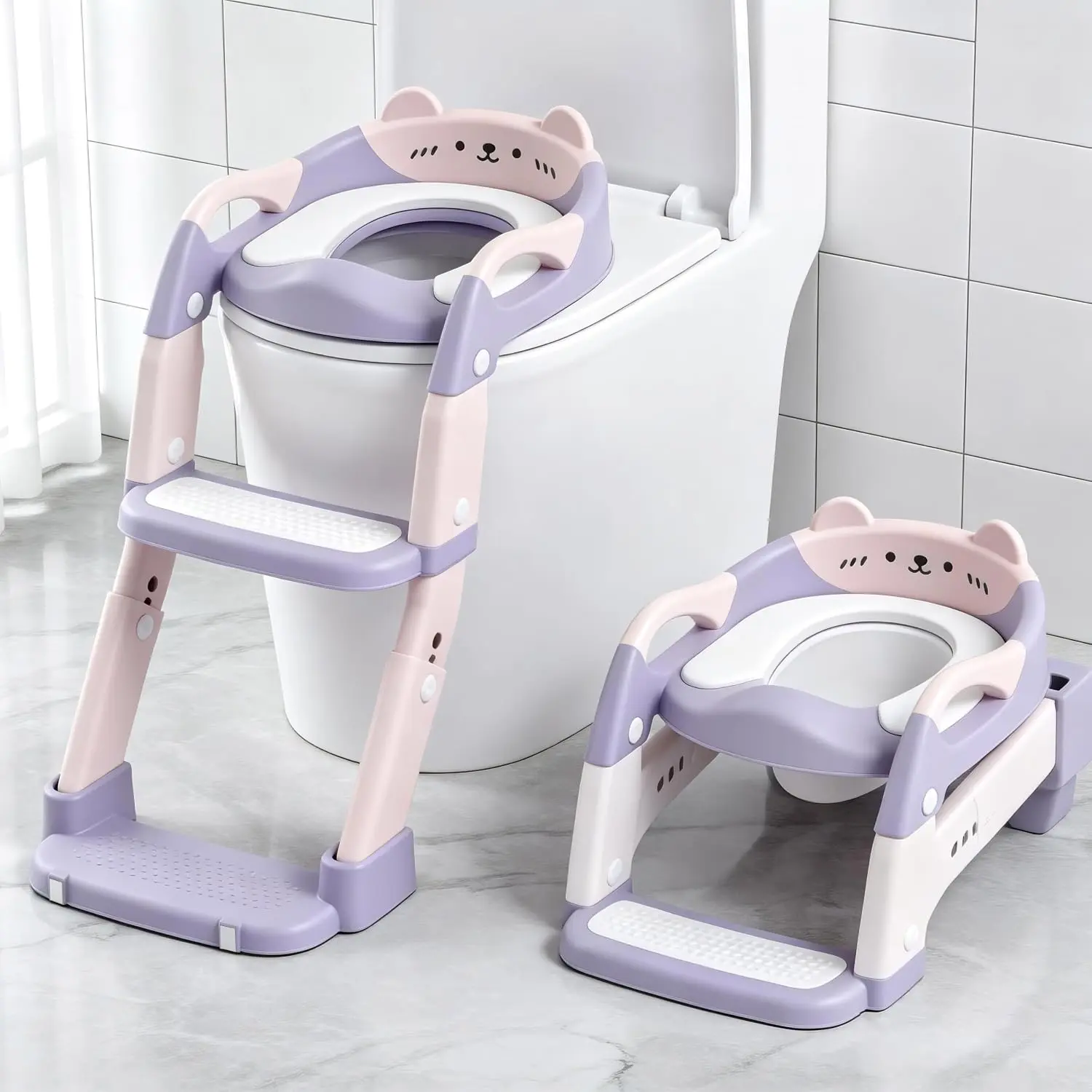 3-in-1 Plastic Potty Training Seat with Non-Slip Foldable Step Stool Ladder, Upgraded Toddler Toilet Seat for Kids (Purple+Pink)