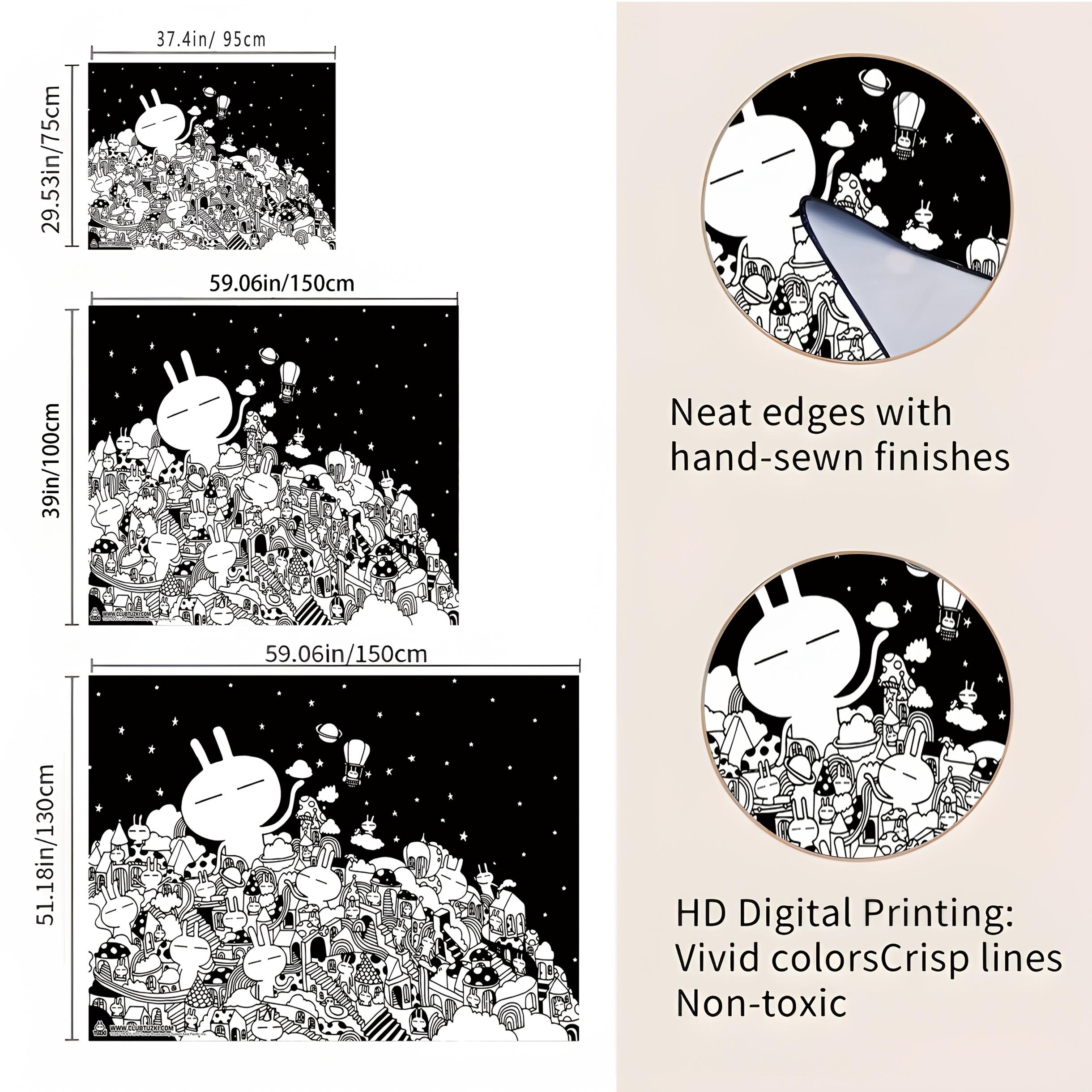 Black and White Minimalist Anime Tapestry - A group of cute characters with smiling, horizontal decoration, suitable dorm rooms, living rooms, office decor - Soft peach-beige, black and white line art, party backdrop, holiday decoration, furniture, minima