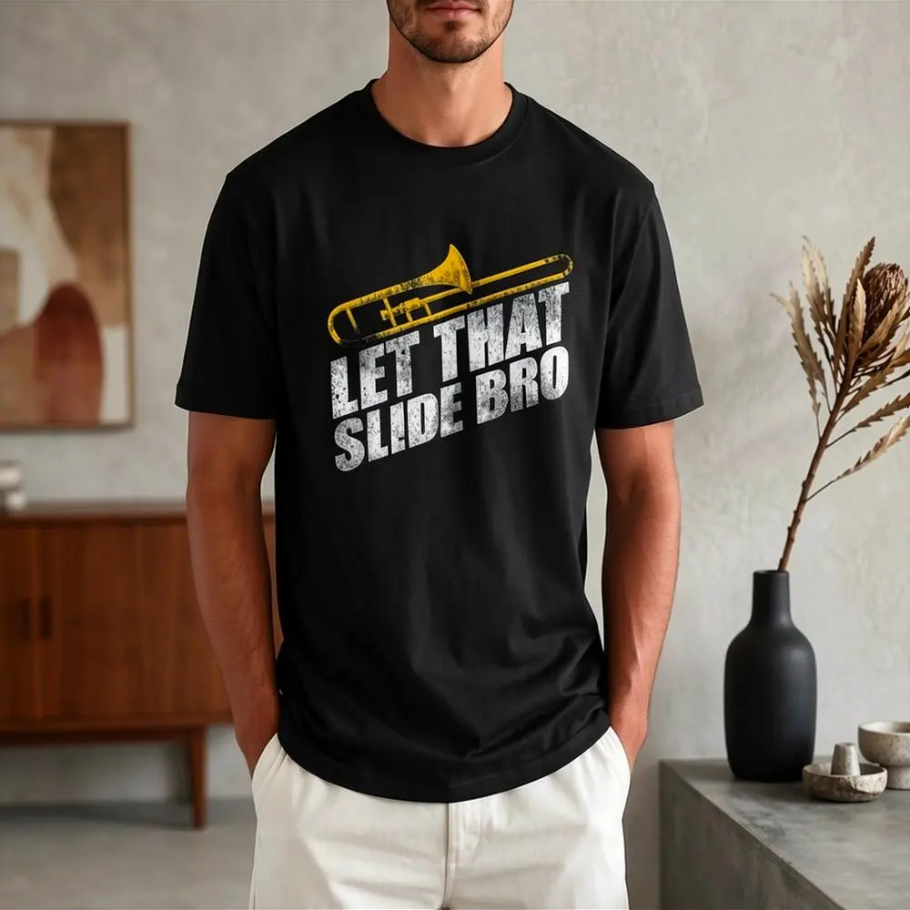 Casual Shortsleeve T-Shirt, 100% Cotton Men's Graphic Top with a Funny Musical 'Let That Slide Bro' Trombone Design, Menswear, Tshirt, Tee, Pure Cotton