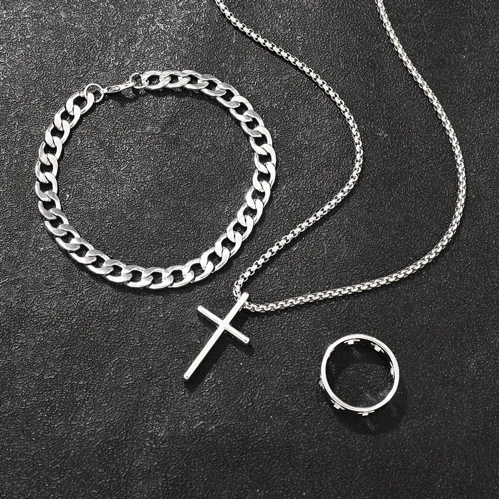 Silver Cross Jewelry Set for Men, Cuban Link Bracelet Cross Pendant Necklace Ring Silver Cross Jewelry Set for Men, Cuban Link Bracelet Cross Pendant Necklace Ring