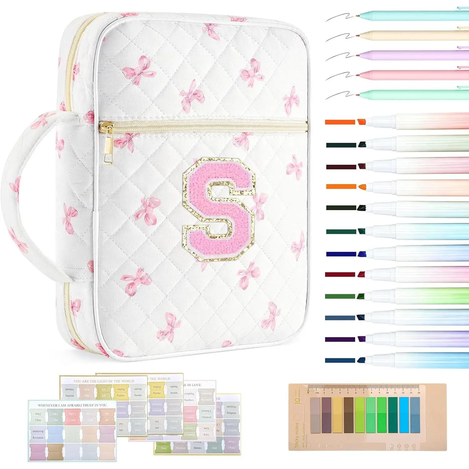 Women's S Size Personalized Quilted Bible Cover Bag - Initial Letter Carrying Case with Handles, Pink Bow (DIY Craft Accessory for DIY Painting Supplies)