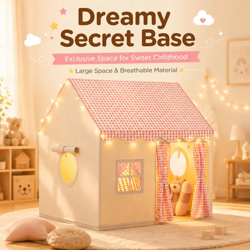 Large Space Breathable Fabric Kids Pretend Play Tent, Pink Plaid Indoor Playhouse With Window Curtains, Cute Children Secret Play Castle For Bedroom Game Time, Perfect Gift For Toddlers To Enjoy Private Play Time
