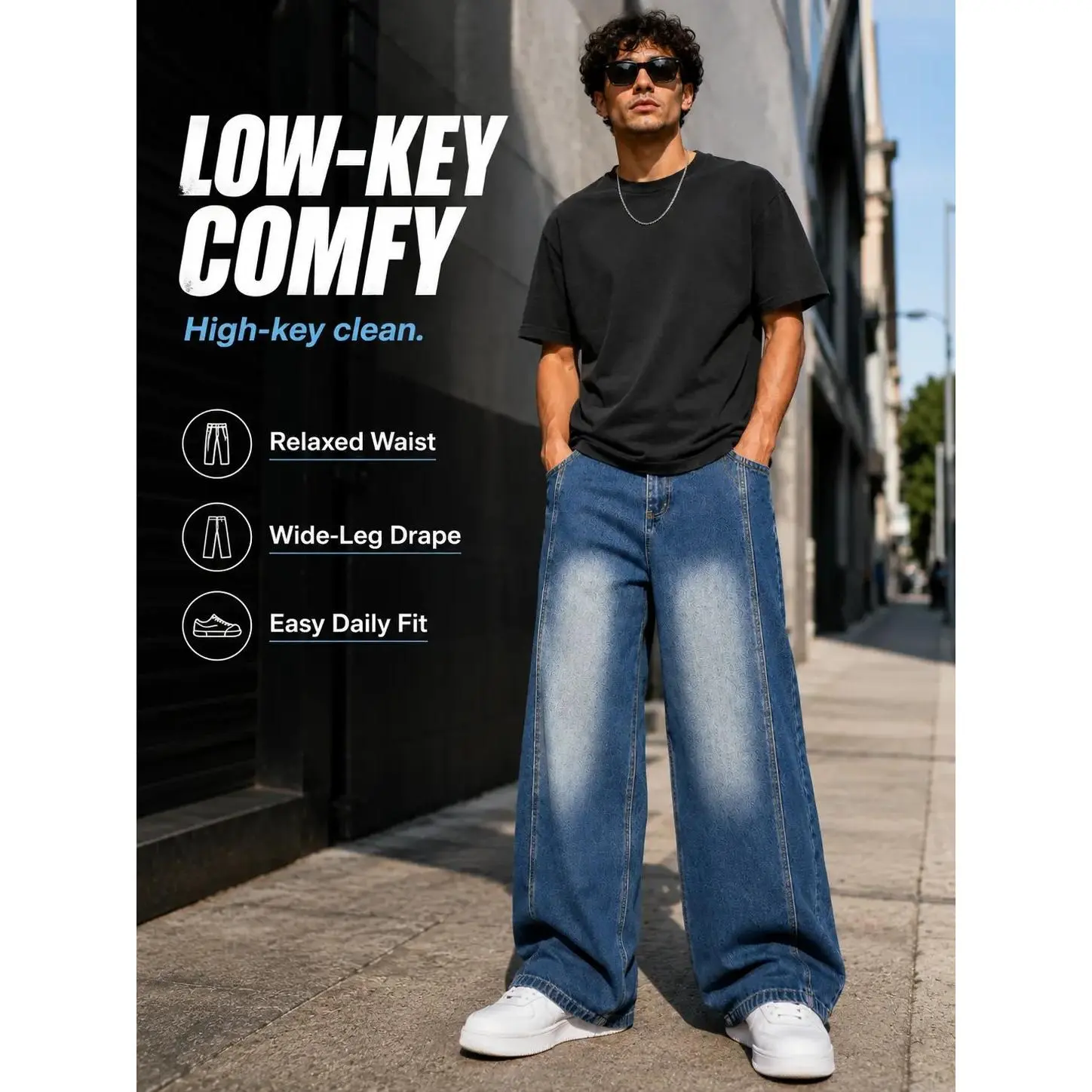 Men's Oversized Wide-Leg Baggy Banana Jeans - Washed Blue Viscose Denim Pants, Elastic Back Waist, Vibe Streetwear Skater Bottoms (Women's Option Available)