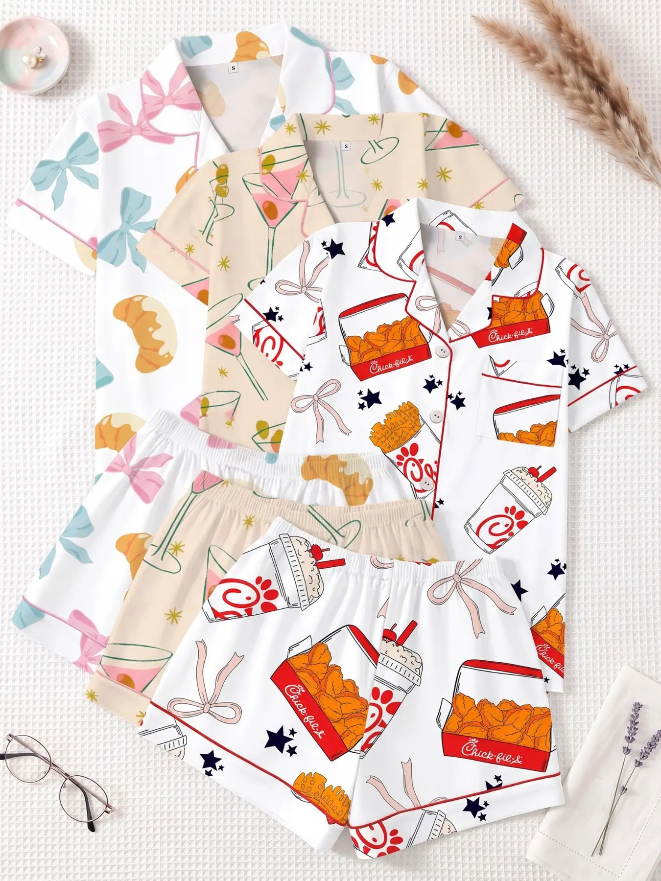 Women's 3-Piece Sleepwear Set, Funny Pajamas, Short Sleeve Top & Pants, All-Season Casual Home Wear, Food Print, Fitted, Above Knee Hem
