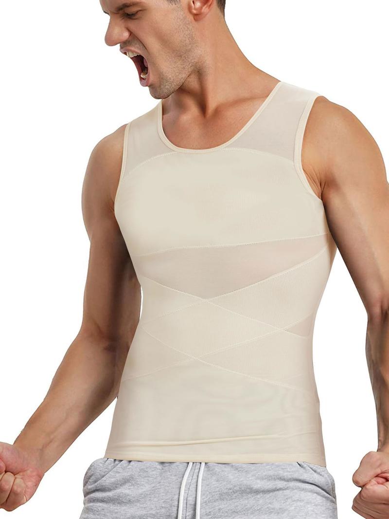 Men's Contrast Mesh Round Neck Shapewear Tank Top, Compression Shapewear Tops, Tummy Control Compression Shirt, Compression Vest for Men, Muscle Slimmer, Breathable Tank Top, Waist Trainer Vest