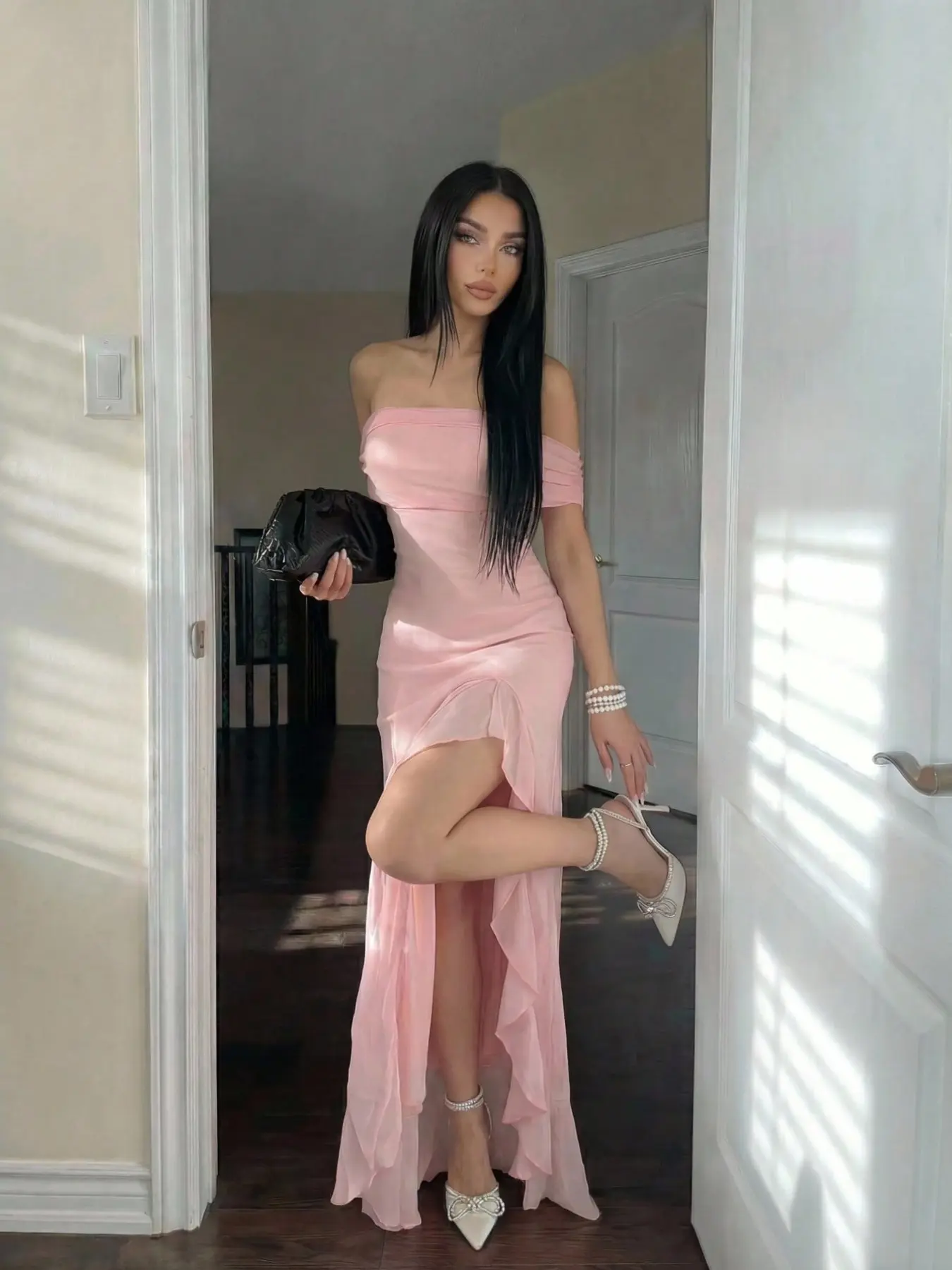 Women's Solid Color Off-Shoulder High Slit Ruched Dress, Summer Fashion Casual Elegant Y2K Bodycon Sexy Long Evening Dress, Perfect for Daily Outing Date Party Beach Vacation