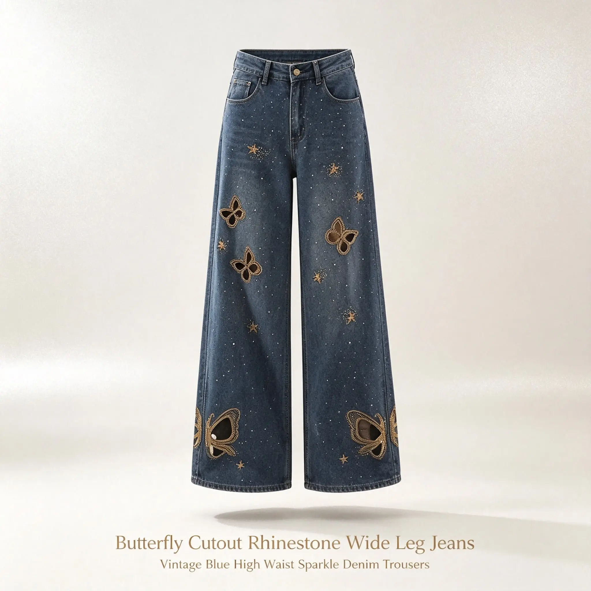 Women's Vintage Butterfly Cutout Jeans with Rhinestones, High Waist Oversized Wide Leg Streetwear Denim Fabric Trouser with a Retro Vibe, Tube, Crop