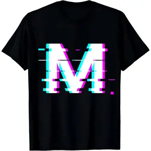 Personalized Initial A-Z T-Shirt, Glitch Vaporwave Neon Graphic Tee, Custom Monogram Everyday Casual Top crew neck
