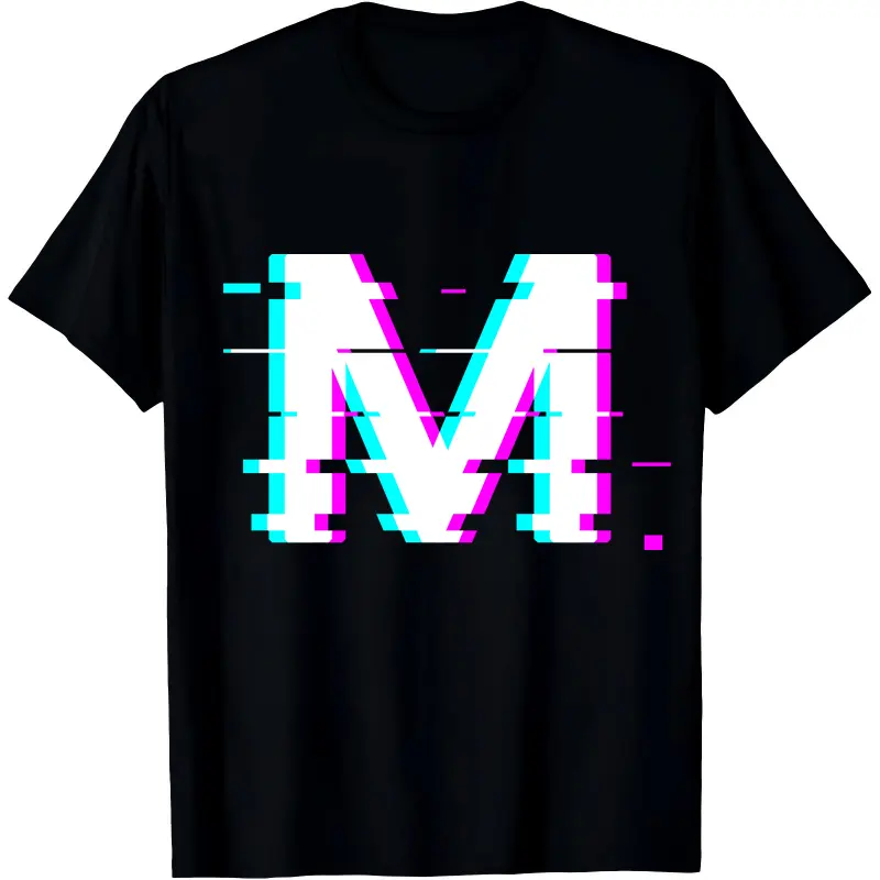 Personalized Men's Glitch Vaporwave Neon Graphic Tshirt, Casual Shortsleeve Menswear with Custom A-Z Monogram, Customized T Shirts, All Seasons, Round Neck