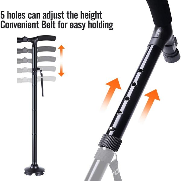 5-Level Adjustable Height Foldable Walking Stick - 360° Anti-Slip Pivoting Base, 6 Built-in LED Lights (180° Rotation), Ergonomic Foam Handle, Lightweight Aluminum Alloy, 250LBS Capacity, Portable for Camping, Black​ Healthcare  Tool Cane Equipment