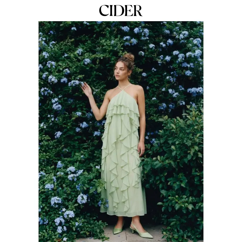 Cider Chiffon Halter Neck Ruffle Maxi Strappy Dress SohoChic