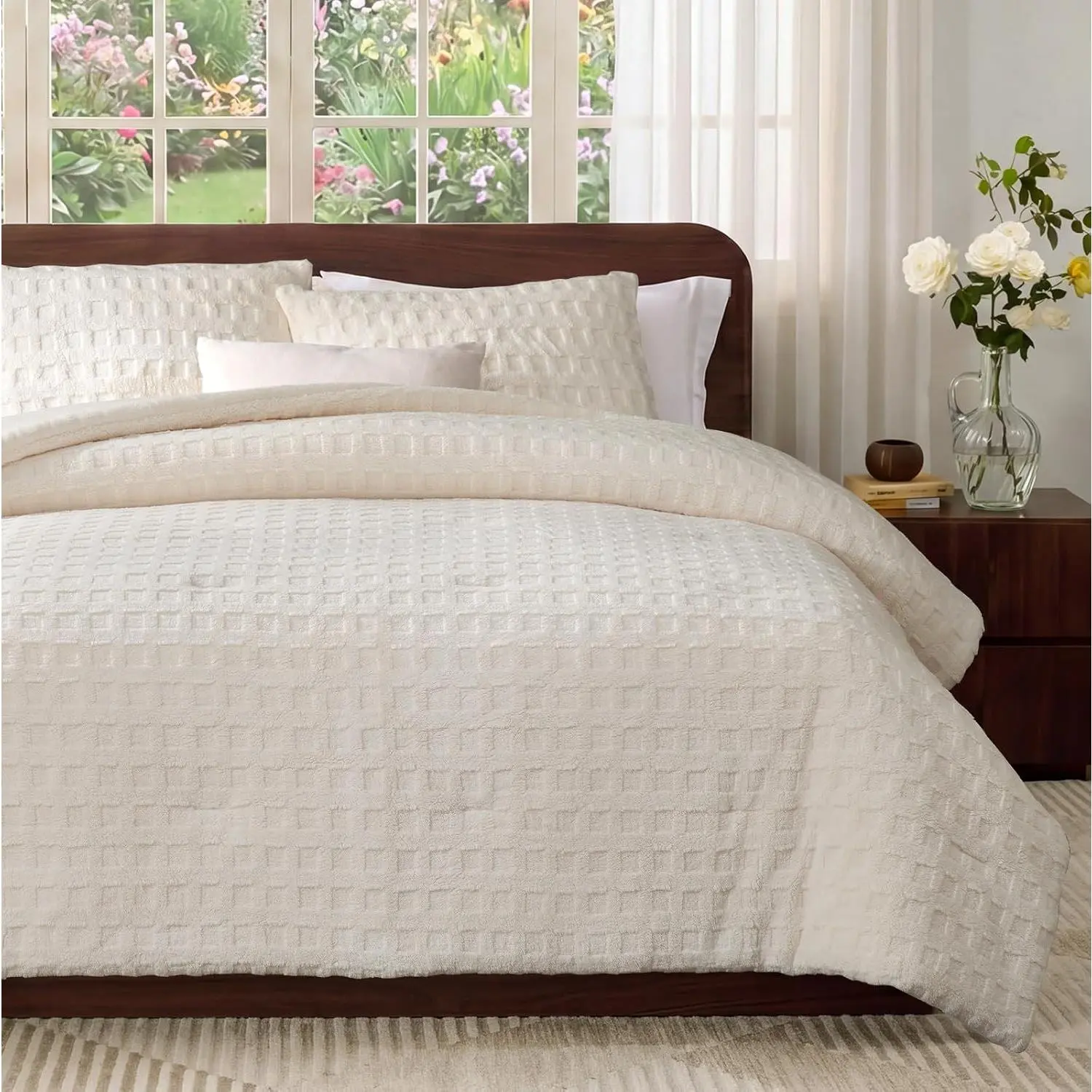 Plush Fleece Comforter Set  Size, Cream White Teddy Waffle Textured Comforter Set, Super Warm  Plush Bedding Set, 3 count,1 Cozy Comforter and 2 Pillowcases